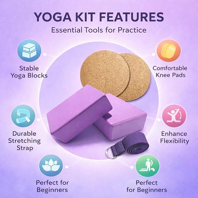 Yoga Equipment Set, 5pcs EVA Blocks, Cotton Strap, Knee Pads, Purple - Stability and Comfort, Non - slip Design, Ideal for Beginners and Pilates