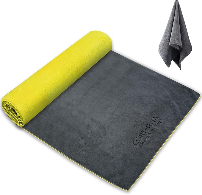 Yoga Mat Towel with Hand Towel, Extra Thick (600GSM) Soft Hot Yoga Towel, Non-Slip and Sweat Absorbent for Hot Yoga, Bikram, Pilates, and Fitness, 72" x 27.5", Dual-Color, Grey/Yellow