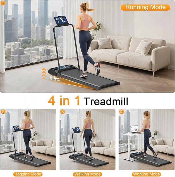 Treadmills for Home Small with 0%-8% Incline and APP Sync, Compact Under Desk Walking Treadmill Pad with Handle Bar Removable, Remote Control and LED Display, 2.5HP