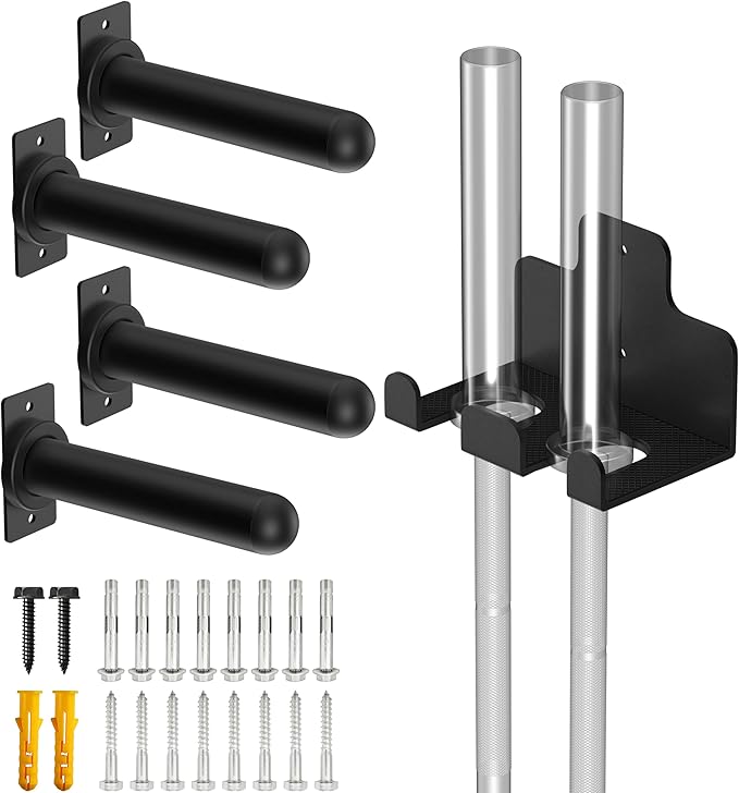 4 Pack Wall Mounted Weight Plate Holder and 1 Pack 2 Hooks Barbell Hanger, Weight Plate Holder for 2" Weight Plates, Vertical Barbell Holder With Protective Rubber Pad for Garage Home Gym