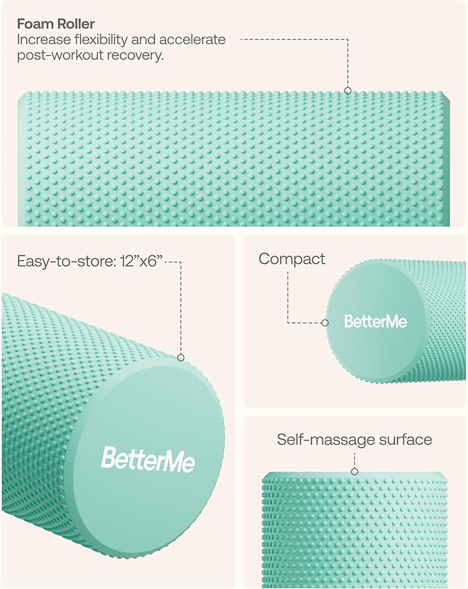 BetterMe Foam Roller for Muscle Recovery – High Density Exercise Roller for Back &Legs – Deep Tissue Massage Roller for Tension, Relief & Stretching (Subtle Mint)