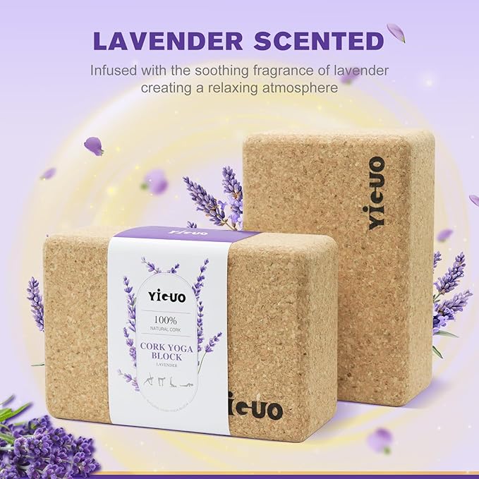 YIGUO Cork Yoga Blocks 2 Pack,Lavender Scented Yoga Blocks with Non-Slip Surface,Premium Yoga Accessories for Women & Men,9"x6"x3"