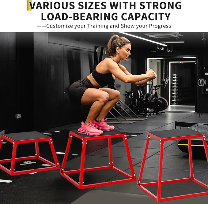 Heavy-Duty Steel Plyometric Jump Box Set, 12” 18” 24” Square Jumping Trainer with Non-Slip Rubber Top, Stackable Home Gym Fitness Equipment for Strength Training & Conditioning