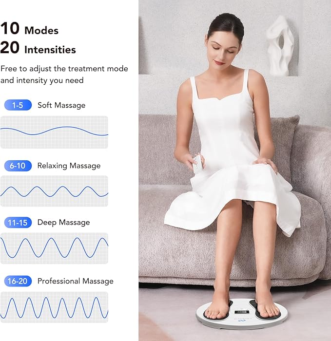 Foot Massager for Neuropathy, TENS & EMS Foot Circulation Stimulator for Pain Relief, 10 Modes and 20 Intensities, Relieve Swelling, Cramps, RLS & Plantar Fasciitis - Gifts for Mom Dad