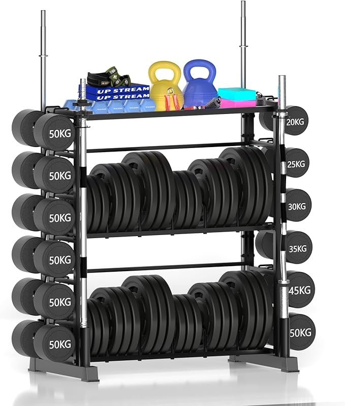 Dumbbell Rack - Weight Plate Rack for Home Gym, Peloton Weights for 2700lbs Large 3 Tier Kettlebell Barbell Rack Workout Equipment Strength Training Dumbbell Organization Stand Only