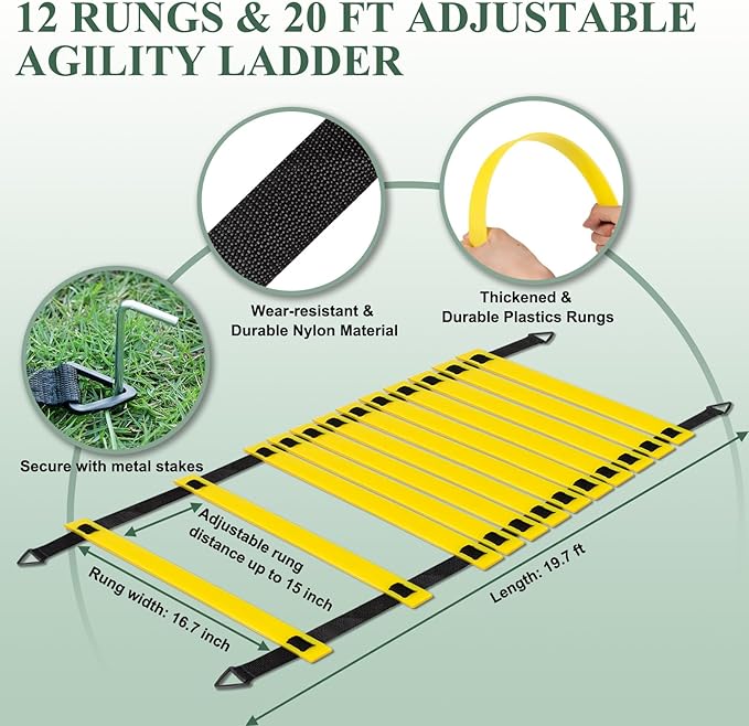 Agility Ladder, Football Training Equipment Set, 20 feet 12 Rungs Speed Ladder,50 Disc Cones,Resistance Parachute, Jump Rope, 5 Resistance Bands for Workout