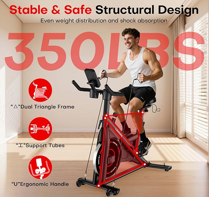 CHAOKE Exercise Bike, Quiet Adjustable Magnetic Stationary Bike for Home Cardio with App Compatible, 350LB Weight Capacity Indoor Cycling Bike with Large Seat, Dumbbell Rack, Pull Cords & LCD Display