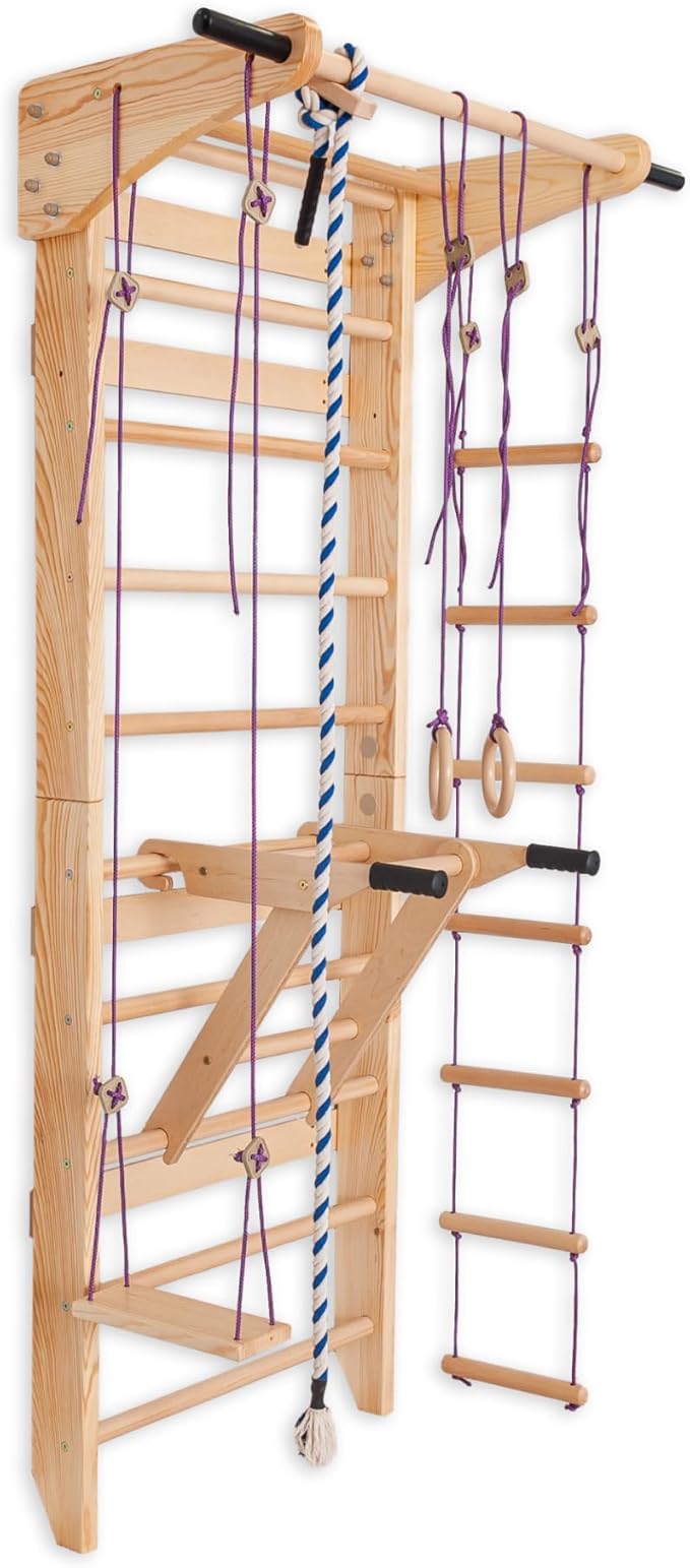 Swedish Ladder Wall Bars with Pull-Up Bar & Dip Station – Wooden Stall Bars, Multifunctional Home Gym Wall Ladder for Strength Training & Stretching