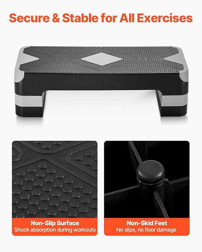 Aerobic Exercise Step Platform, 28-Inch Workout Aerobic Stepper, Height Adjustable Fitness Training Step Deck Trainer with 4 Risers, Non-Slip Surface Bench for Home Gym Cardio Strength, Gray