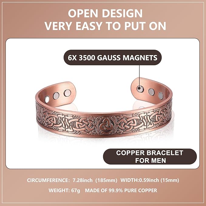 Copper Bracelet for Men 99.9% Pure Copper Magnetic Bangle with 6pcs 3500 Gauss Magnets, Copper Magnetic Bracelet for Men Copper Bracelets Jewelry Gift Gifts for Men Dad