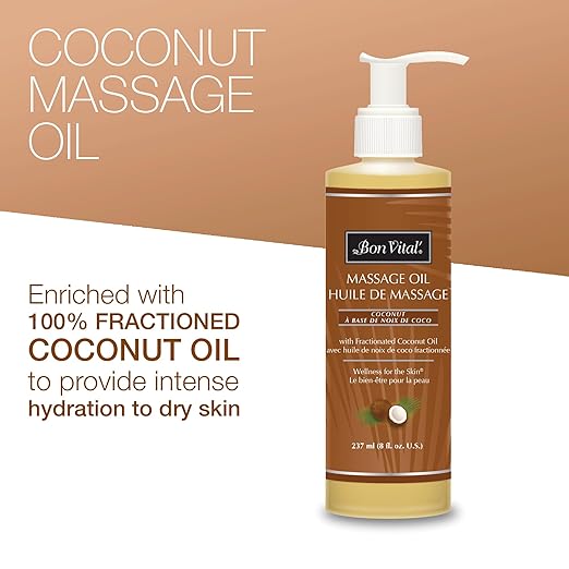 Bon Vital' Coconut Massage Oil, 8 Oz Bottle, 100% Pure Fractionated Coconut Oil for Dry Skin, Lightweight Non-Greasy, Neutral Scent, Non-Staining, for Massage Therapy & At-Home Use