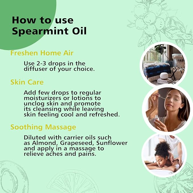 Spearmint Essential Oil, 100% Pure Natural Spearmint Oil for Diffuser, Face, Skin, Hair Care - Refreshing Aroma - 10mL