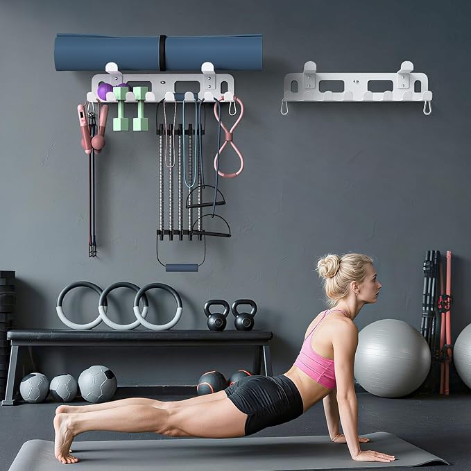 KHAMAL Multi-Purpose Gym Equipment Storage Rack for Resistance Bands - Gym Wall Storage for Exercise Bands, Yoga mat, Jump Ropes, Weight Belts, Straps, Hula Hoop (Black White)