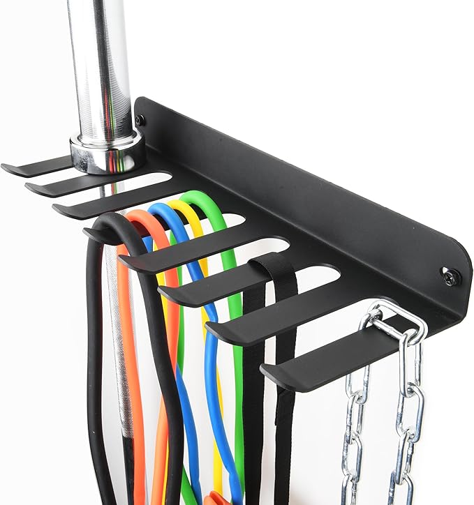 Performance Seven Bars Holder Storage,Custom Powder Coated HEAVY-DUTY STEEL Mount Wall Rack Storage Rack,Weight Room Organizer with 8 Wall Hooks for Exercise Bands Jump Ropes Chains Lifting Belts 3mm Black 8 Tooth