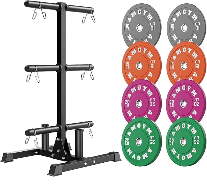 Weight Plate Tree Rack & Weight Set, Strength Training Plate Storage Stand and Barbell Holders for Home Gym, 1100 lb Weight Capacity, Fits Both 1" and 2" Bumper Plates
