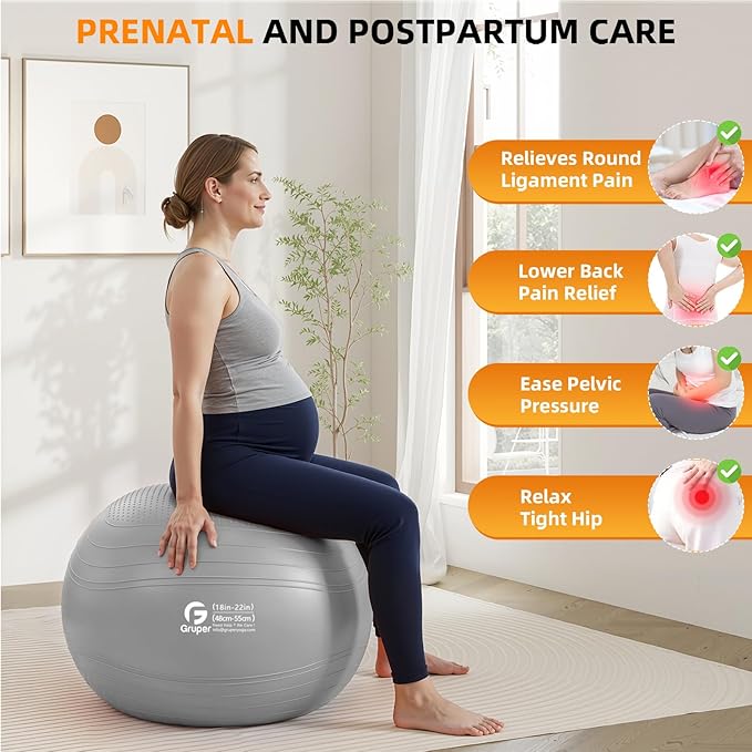 Gruper Yoga Ball, Extra Thick Non Slip Exercise Ball for Workout, Birthing, Balance, Stability, Pregnancy, 4 Sizes Anti Burst Chair for Home and Office, Includes Quick Pump & Fitness Guide