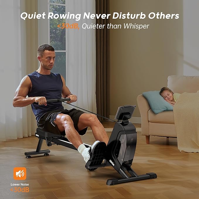 Magnetic Rowing Machine with 32-Level Electromagnetic Resistance, Dual Rail Design, Smart LED Feedback & App Integration, Foldable Quiet Rowing Rower for Home Gym