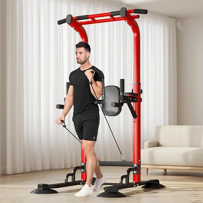 DlandHome Pull Up Bar Power Tower Dip Station, Height Adjustable Heavy Duty Workout Dip Stand, Multi-Functional Strength Training Machine for Men Women Home Gym
