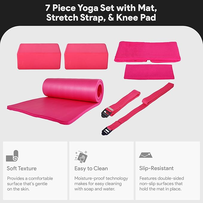 BalanceFrom 7-Piece Yoga Set with 71x24x1 Inches Extra Thick Mat and Carrying Sling – Includes 2 Blocks, Stretch Strap, 2 Towels, and Knee Pad for Home, Studio, and Gym Workouts