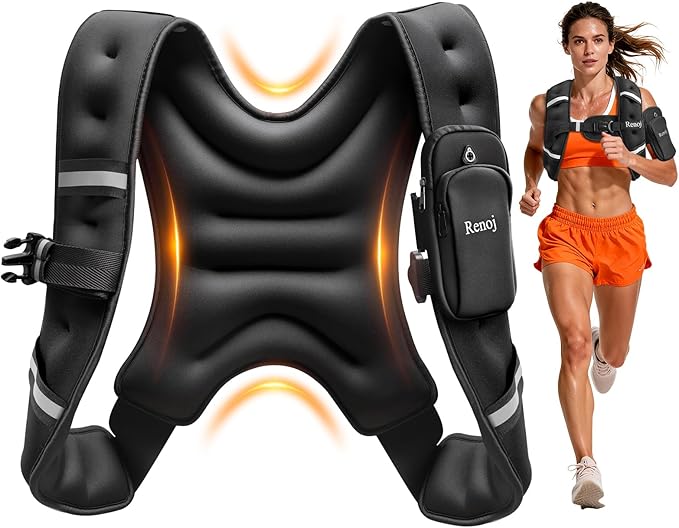 Renoj Weighted Vest for Women Men: Available in 6lb/8lb/10lb/11lb/12lb/14lb/16lb/20lb Fixed Weights for Walking, Running, Training, Exercise, Weight Loss - With Reflective Strips and Storage Pocket