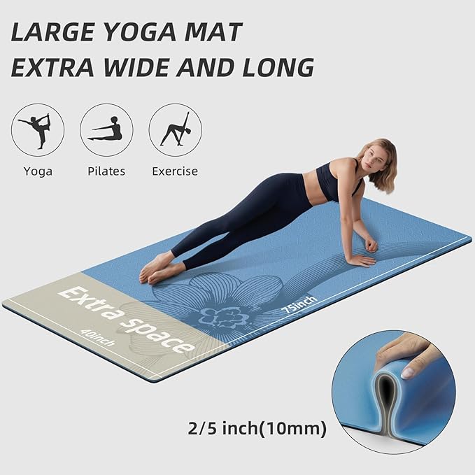 Large Yoga Mat 76"x 40"x10mm (2/5 inch) – Extra Thick & Wide, TPE Fitness Mat, Printed Non-Slip Exercise Mat with Carrying Strap for Men & Women, Pilates, Stretching, Fitness & Workout