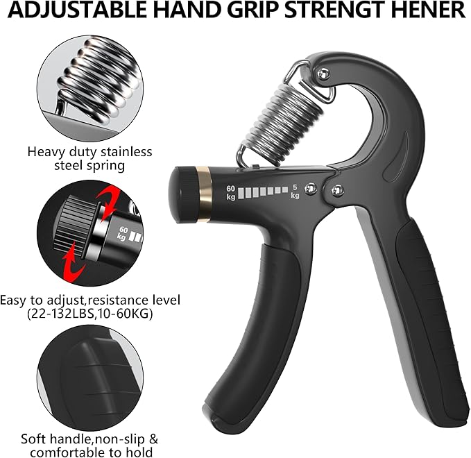 Hand Grip Strengthener Kit - Ultimate Hand Exerciser Set for Forearm Workout, Adjustable Grip Strength Trainer, Stress Relief Ball, Exercise Ring, Training and Recovery (Frosted Black)