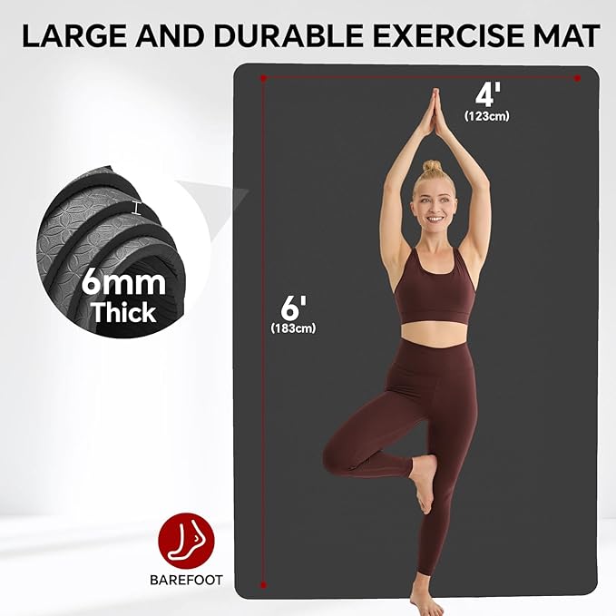 Extra Large Yoga Mat 6'x4'(1/3" & 1/4" Thick), Non-Slip, Ultra Durable, Wide Workout Mat, Wide Exercise Mats for Home Workouts, Yoga, Pilates, Stretching (Barefoot Exercise)