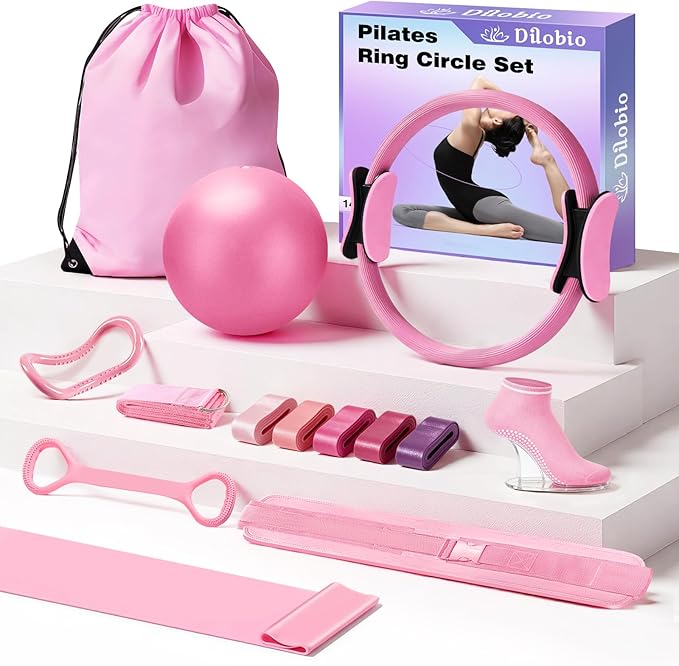 Pilates Kit, Home Pilates Essentials Kit for Women, Pilates Equipment Ring and Ball Set, Magic Circle with 5 Resistance Bands, Hip Thrust Belt & Accessories, Toning Fitness Starter Set