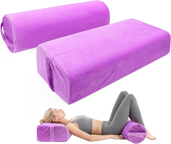 2 PCS Yoga Bolster Pillow for Restorative Yoga, High Density Foam Meditation Bolster with Washable Velvet Cover and Carry Handle Meditation Pillow Set with Round and Rectangular