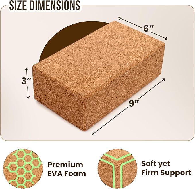 MHW - LIVE WELL Cork Yoga Block – Natural Anti-Slip Yoga Block for Stability & Deepening Poses - 9x6x3 Inches, Single (Cork, Pack of 2)