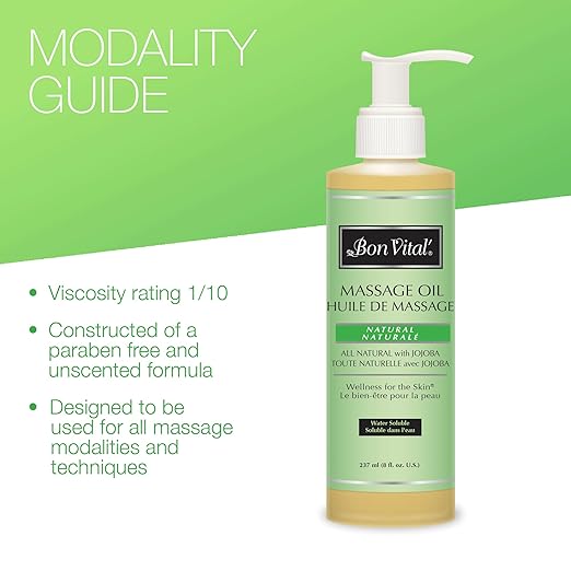 Bon Vital Naturale Massage Oil Made with Natural Ingredients for an Earth-Friendly Massage, Revives and Rehydrates Dry Skin Naturally, with Green Tea Extract, 8 Oz, Label may Vary