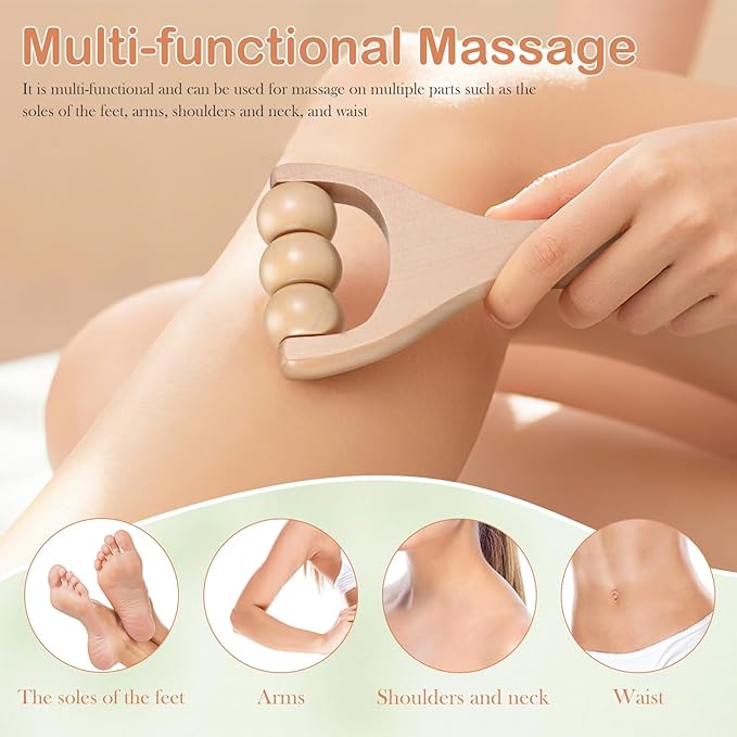 Ciieeo 2Pcs Wooden Massage Roller Set - Handheld Wood Massage Tools for Neck Back Leg Foot Manual Cellulite Massager Muscle Relief (3 Bead Gear Roller)