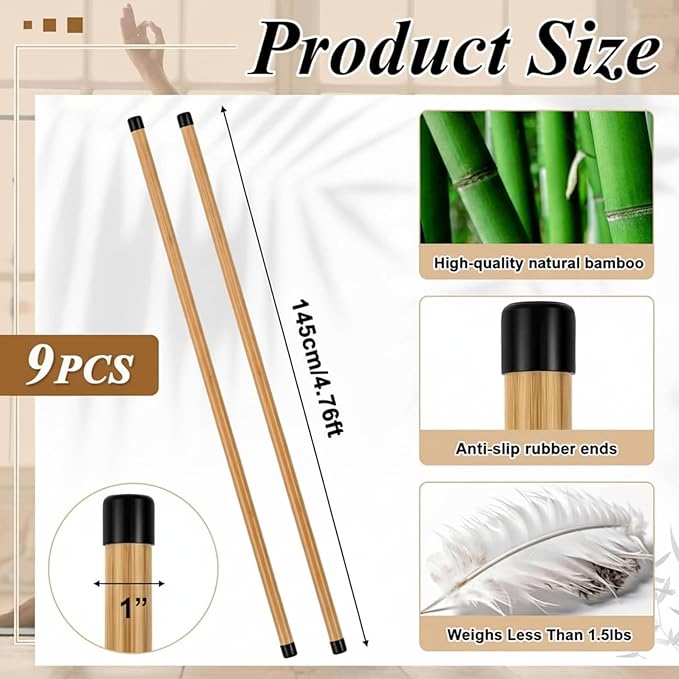 Hiboom 6/9 Pcs 5ft Yoga Stick Natural Bamboo Black Exercise Stick with Non-Slip Rubber Ends Stretching Tool Posture Corrector Stretch Tool for Flexibility, Workout, Balance Fitness
