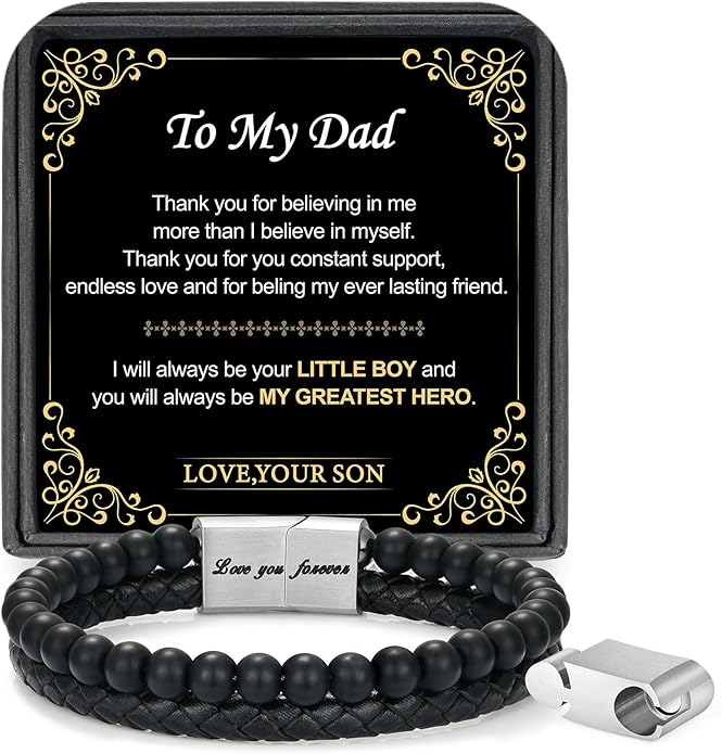 LUXEJEW Gifts for Men - Beaded Leather Bracelet 6mm Matte Agate Stone Bracelets for Men Dad Son Husband Boyfriend Grandpa Grandson Brother Uncle Nephew Adjustable Magnetic Clasp