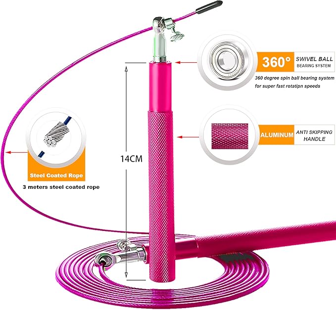 Speed Jump Rope - 360° Swivel Ball Bearing - Adjustable steel coated rope-Aluminum Anti Skipping Handle -Fitness Training Boxing Sports Exercises -Suitable for Kids and Adults