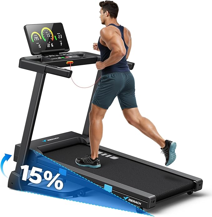 MERACH Incline Treadmill with Incline 6%-15%, 7-Layer Belt 300LBS Capacity Tredmill Foldable Handle Running Treadmills for Home, 0.5-7.5MPH 3.0HP Incline Folding Treadmill LED with APP Threadmill