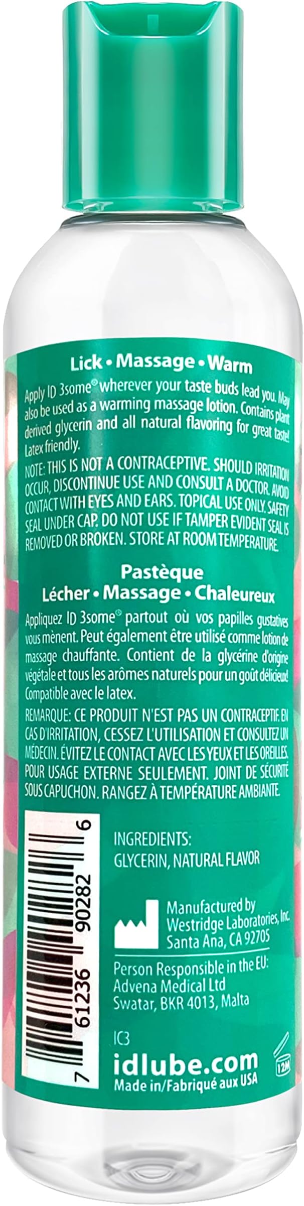 ID Lubricants 3some Flavored Sensual Massage – Watermelon Oral Delight & Warming Fun for Couples Pleasure - 4 fl oz 3in1 Sensual Massage Lube