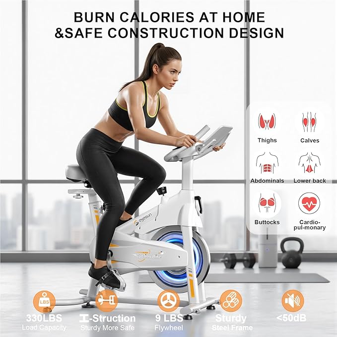 Exercise Bikes for Home,Spin Bike with Adjustable Magnetic,Brake Pad Resistance Silent Belt Drive,350lbs/300lbs Weight Capacity &Upgraded Version Seat for Home Cardio&Weight Loss(QM-530W)