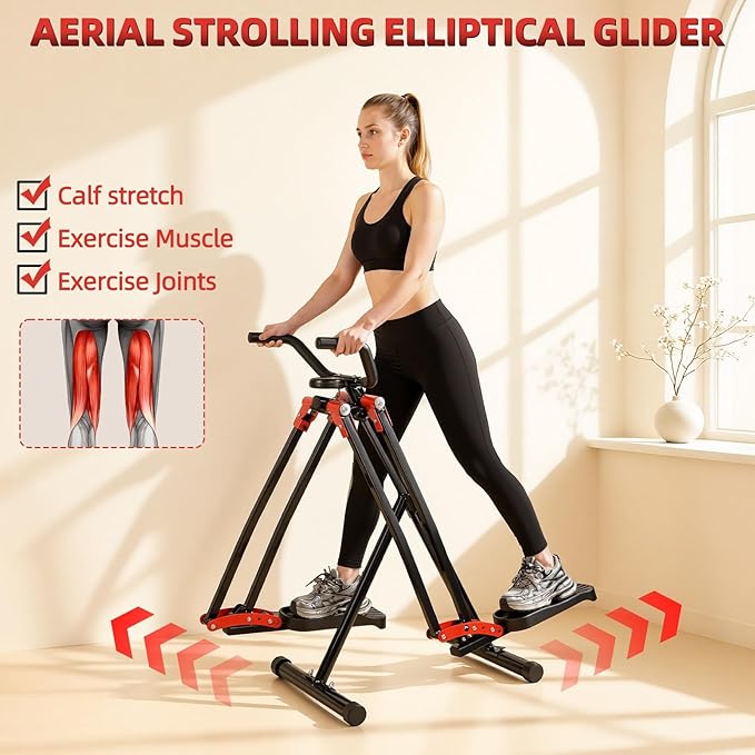 Foldable Air Walk Elliptical Exercise Machine for Home Gym, Side Sway 360° Full Body Cardio Trainer with LCD Monitor, Under Desk & Space Saving Fitness Equipment for Seniors