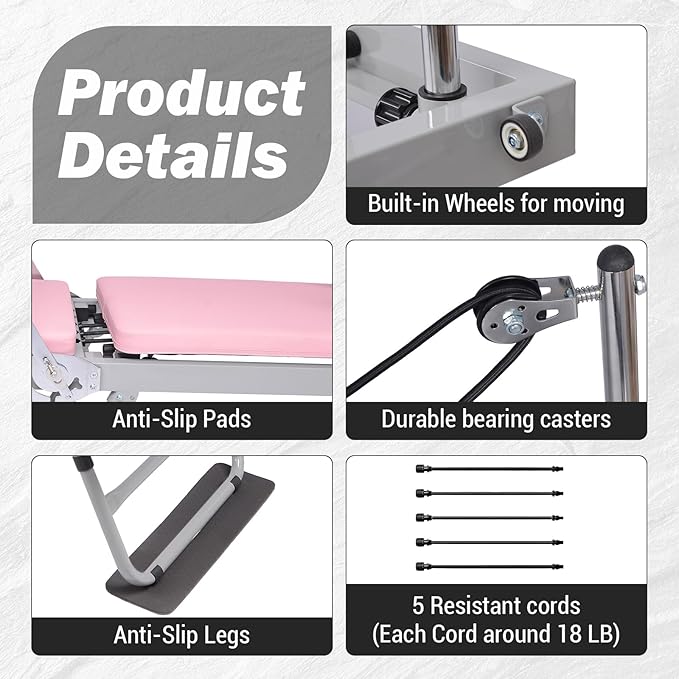 Pilates Reformer Machine Equipment Pink ,Foldable Home Reformer Pilates with Resistance Cords for Workout,Paeta Pilates Reformer