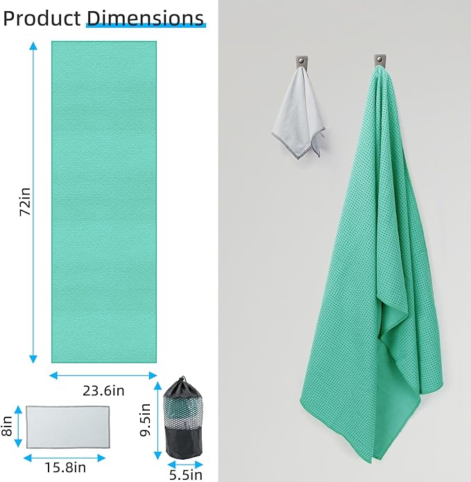 YESLIFE Non-Slip Extra Thick Hot Yoga Towel with One Sweat Towel, Microfiber Sweat Absorbent Yoga Mat Towel with Grip Dot, Pilates Mat, 72" x 24", Light Green