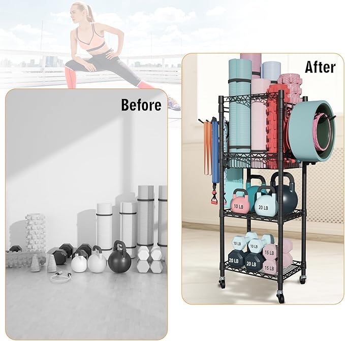 FUTASSI Home Gym Storage, 3 Tiers Workout Equipment Organizer with Wheels for Yoga Mats, Foam Roller, Dumbbells, Kettlebells, and Resistance Bands