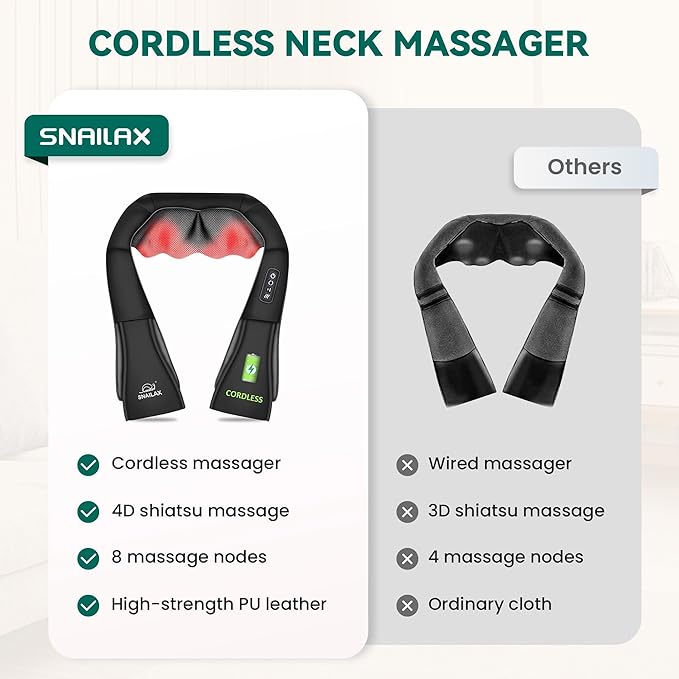 Snailax Cordless Massager - Shiatsu Neck and Shoulder Massager with Heat, FSA Eligible, Portable, Lumbar, Back Electric Massage Pillow, Christmas Gift