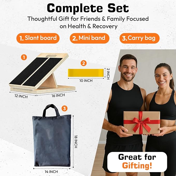 Adjustable Wooden Slant Board for Calf Stretching – Incline Wedge for Ankle,Heel,Knee & Leg Pain Relief – Squat Equipment for Physical Therapy & Home Gym-2 Extra Sand Papers,Carry Bag & Mini Loop Band