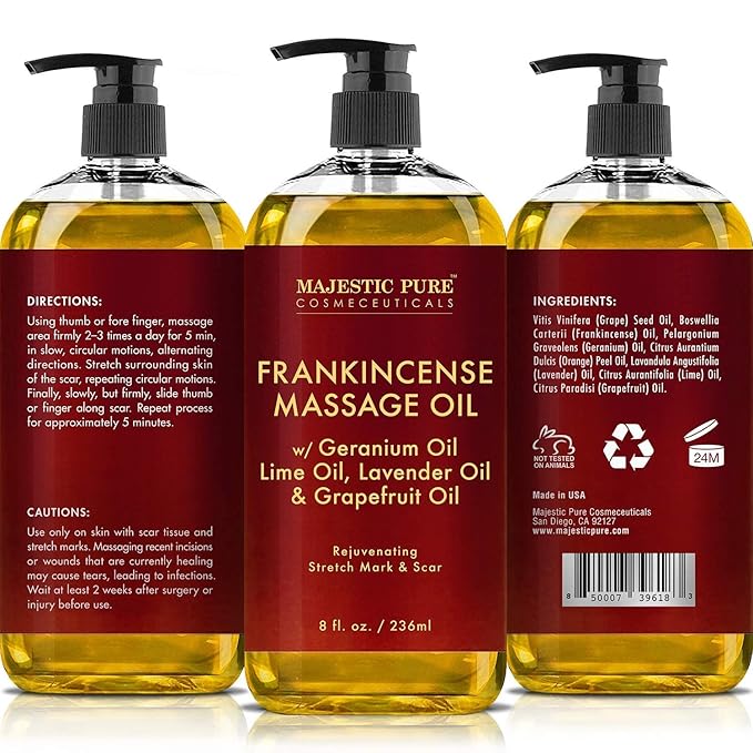 Majestic Pure Sore Muscle Massage Oil and Frankincense Massage Oil Bundle – 8 fl oz Each