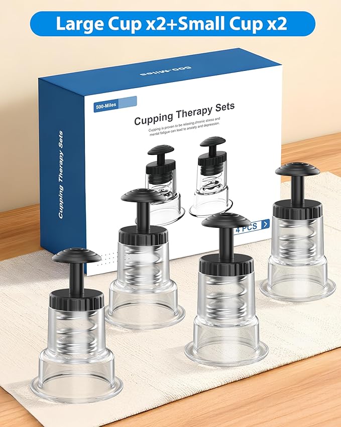 Cupping Kit for Massage Therapy, 2 Sizes Cupping Set, Unique Piston Design, Portable Massager for Studio & Home Use, Muscle Pain Relief, Myofascial Release, Cellulite Reduction (4 Pack)