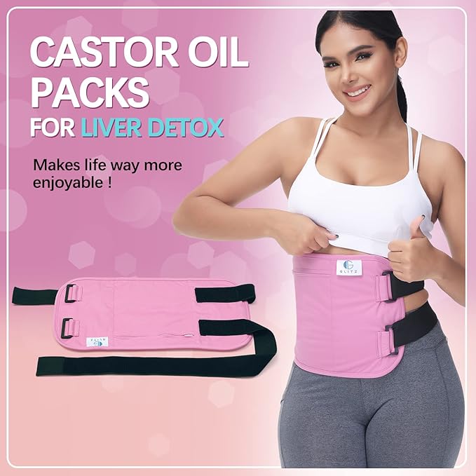 glitz Castor Oil Pack Wrap – Reusable Organic Castor Oil Pack for Liver (Compress), Less Mess, Anti Leak Outer Layer, Soft Cotton (Pink)