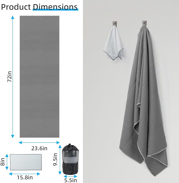 YESLIFE Non-Slip Extra Thick Hot Yoga Towel with One Sweat Towel, Microfiber Sweat Absorbent Yoga Mat Towel with Grip Dot, Pilates Mat, 72" x 24", Grey