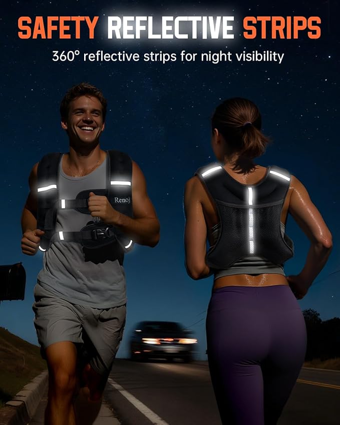 Renoj Weighted Vest for Women Men: Available in 6lb/8lb/10lb/11lb/12lb/14lb/16lb/20lb Fixed Weights for Walking, Running, Training, Exercise, Weight Loss - With Reflective Strips and Storage Pocket