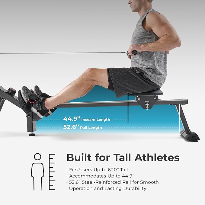 Sunny Health & Fitness Air Strive Smart Rower, Full-Body Training Rowing Machine with Spacious Inseam, Flip-Up Design for Home Gym, Free SunnyFit App Connection, Optional Dual Resistance